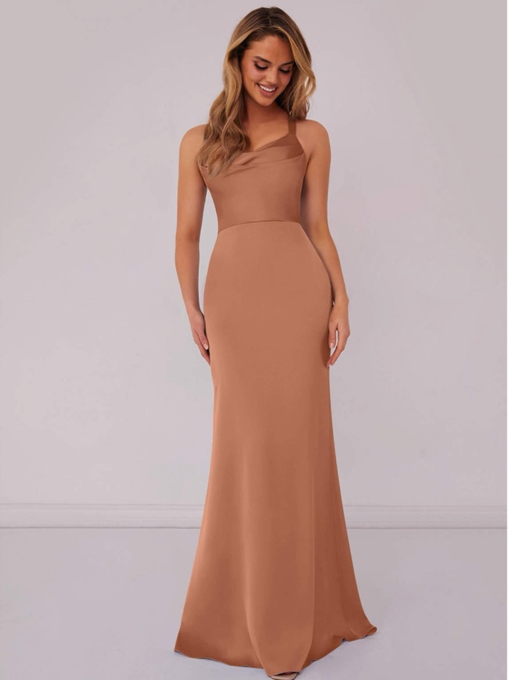 BARBIE AZAZIE 1007 Criss Cross Strap Stretch Satin Sheath Dress Bronzer. Size A8
